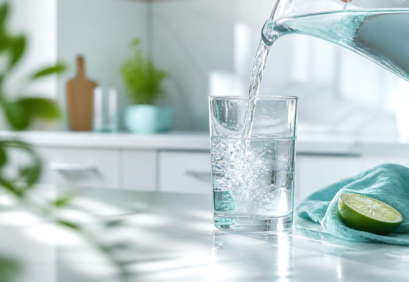 Fresh filtered water being poured into a glass on a bright kitchen counter